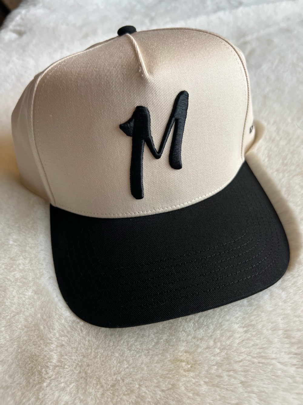 Mugsy Snapback Hat Cream Black Baseball Cap Embroidered “M” Adjustable